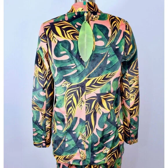 Farm Rio sz XS pant suit jacket velour palm tiger leaf tropical print